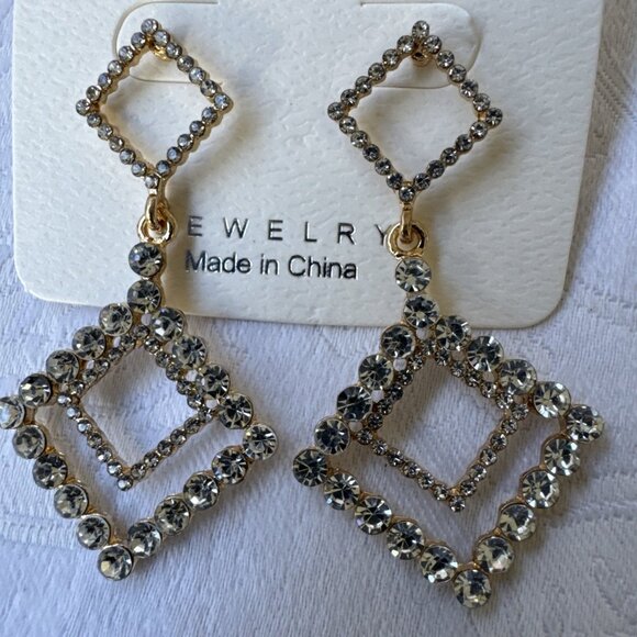Mint Rhinestone Gold Dangle Drop CZ Triangles Earrings NEW - Picture 4 of 12